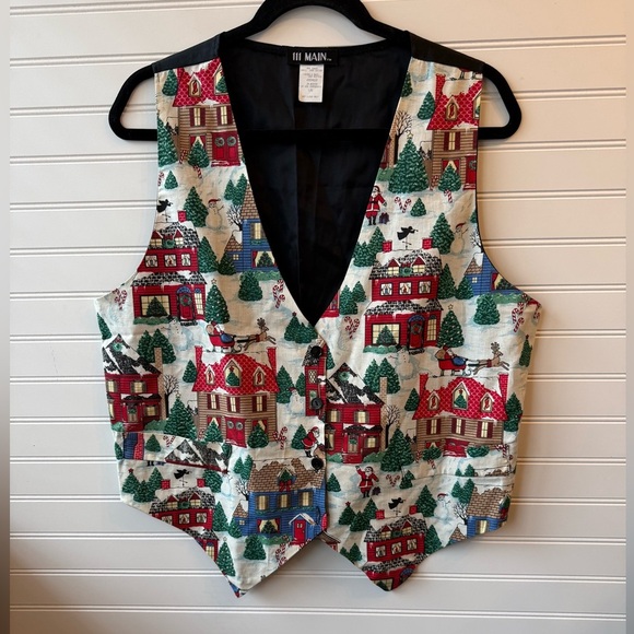 Vintage 111 Main L/XL Christmas Vest Santa Snowmen Snow Trees Candy Canes Homes - Picture 1 of 4